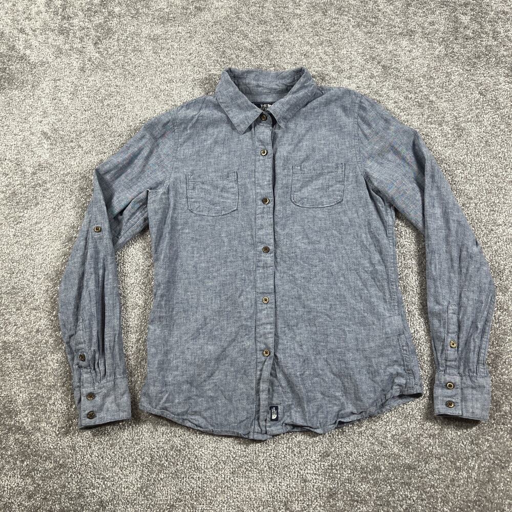 North Face Button Up‎ Shirt Womens Small Linen Cotton Chambray Long Sleeve Blue - Picture 2 of 14